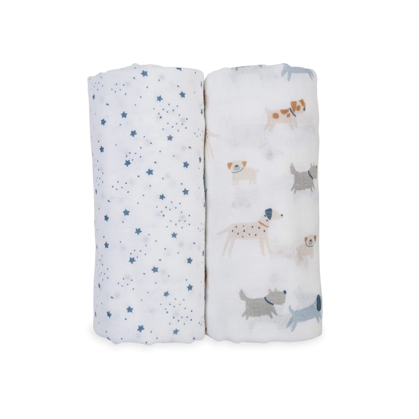 Pack of 2 Lulujo Muslin Swaddles with Puppy Dogs & Stars print rolled side by side, one printed with playful dogs and one with blue stars on a white background.