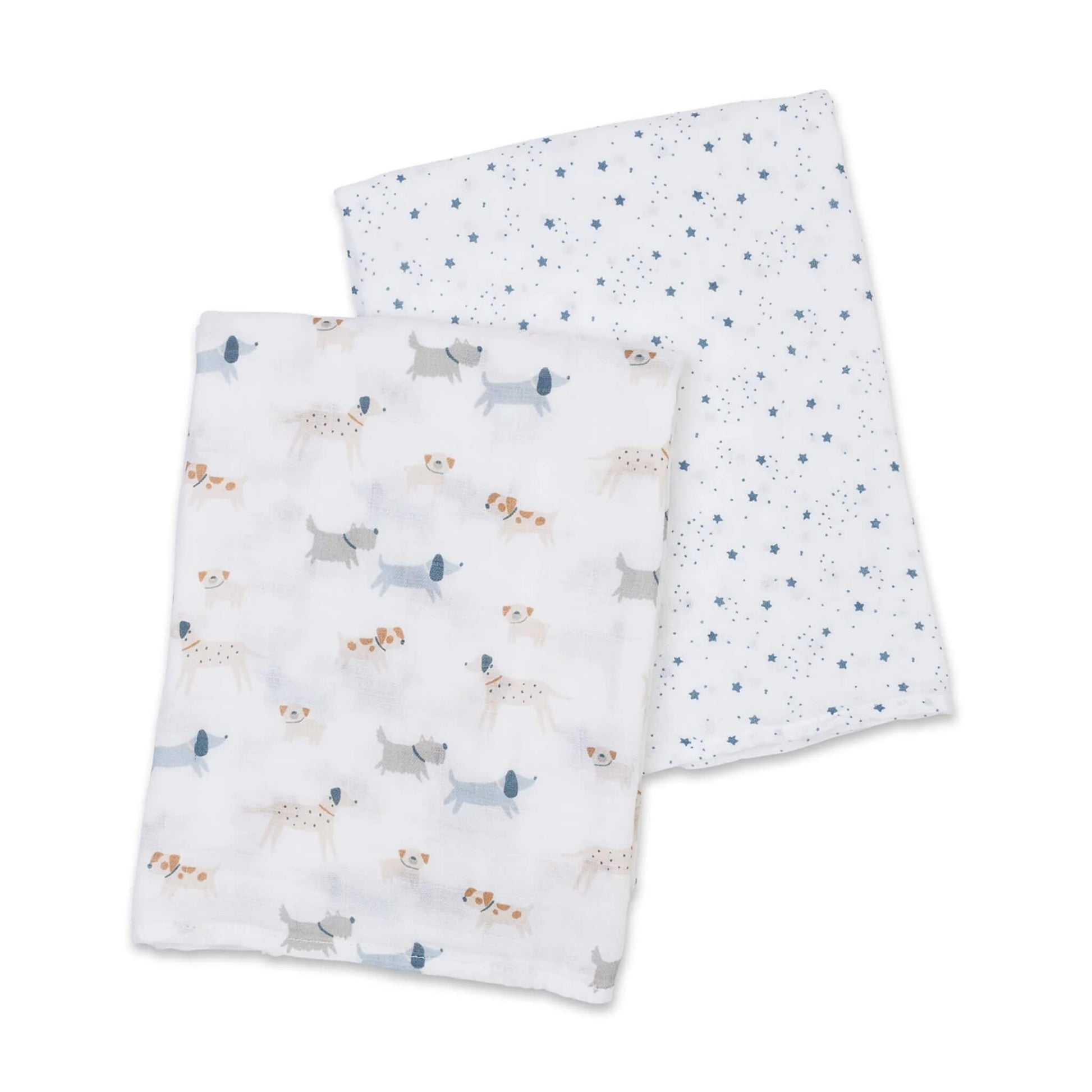 Two cotton muslin swaddles laid flat, one featuring small blue stars and the other with grey and tan dog illustrations.
