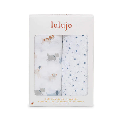 Boxed Lulujo 2-pack cotton muslin swaddles showing one dog print and one star print through the packaging window.