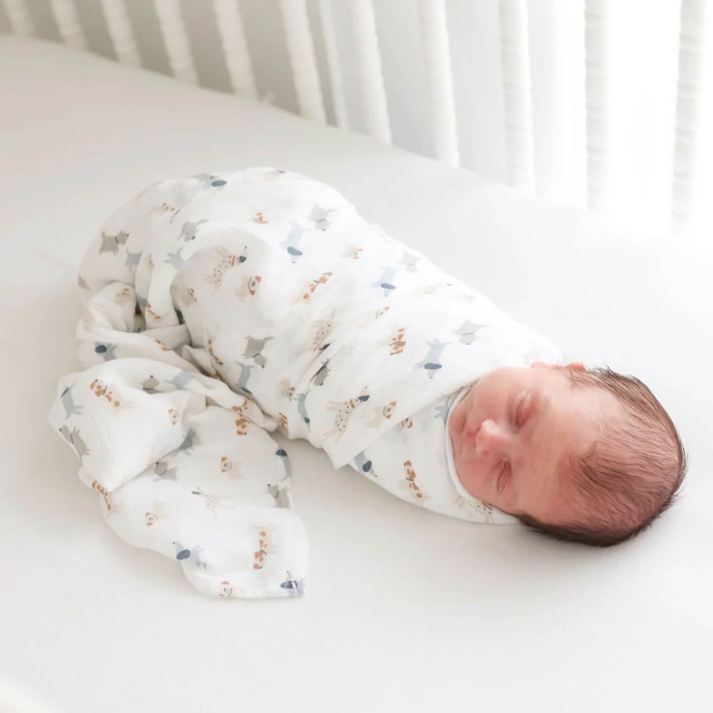 Sleeping baby wrapped in a white muslin swaddle patterned with grey and tan dogs wearing blue accessories.