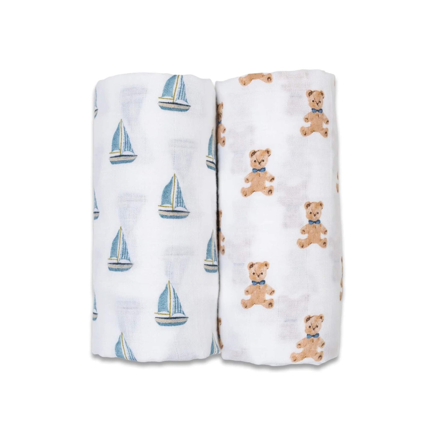 Pack of 2 Lulujo Muslin Swaddles with vintage Bears & Sailboats rolled side by side, one printed with teddy bears and one with blue sailboats on white muslin fabric.
