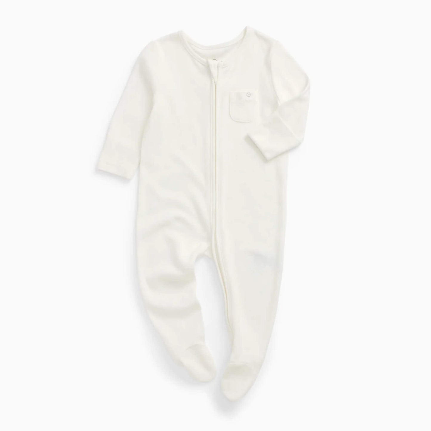 A MORI Clever Zip Sleepsuit in White shown laid flat, with a long two-way zip, long sleeves and built-in feet.