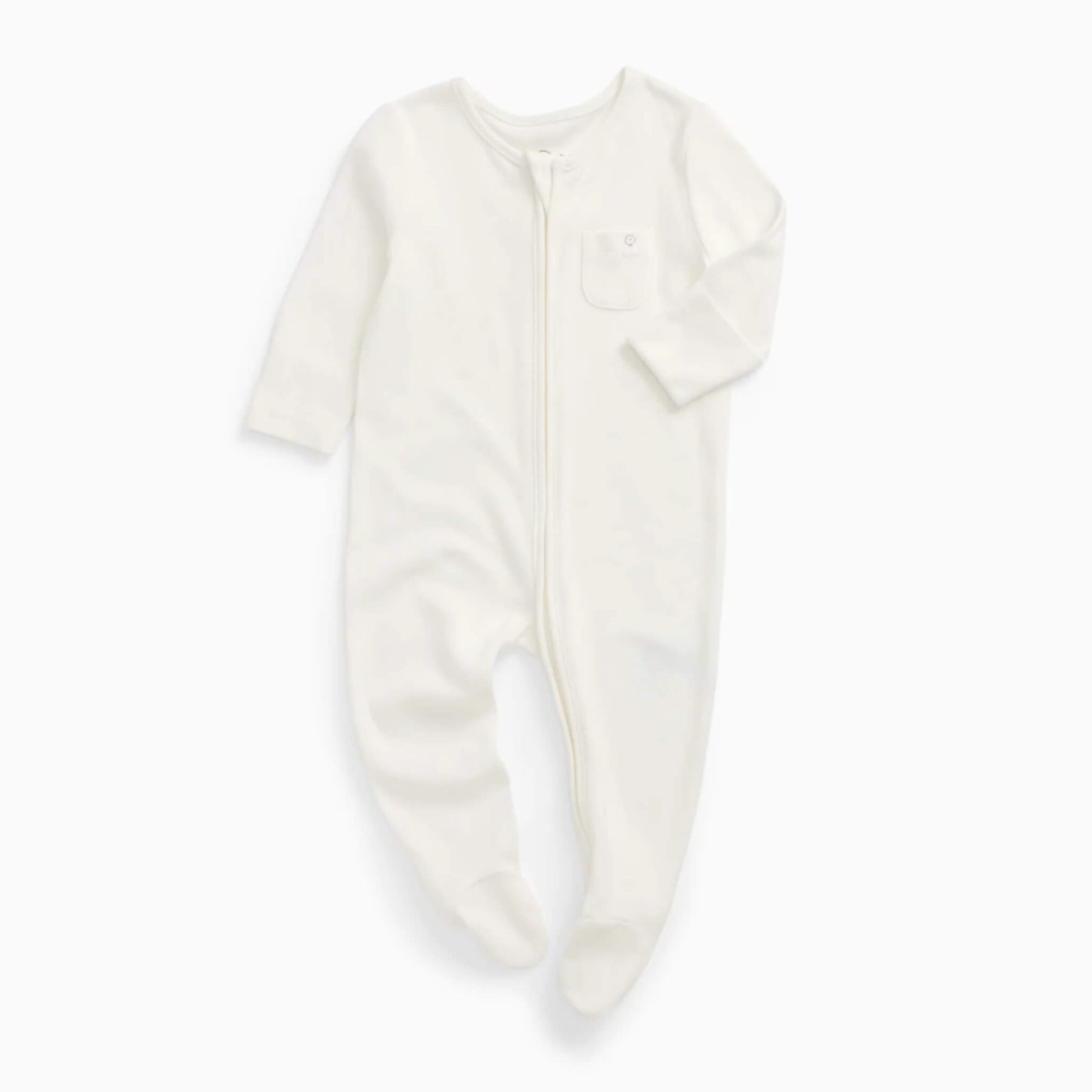 A MORI Clever Zip Sleepsuit in White shown laid flat, with a long two-way zip, long sleeves and built-in feet.