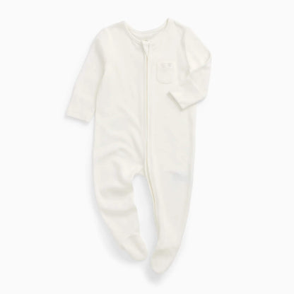 A MORI Clever Zip Sleepsuit in White shown laid flat, with a long two-way zip, long sleeves and built-in feet.