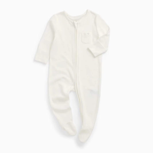 A MORI Clever Zip Sleepsuit in White shown laid flat, with a long two-way zip, long sleeves and built-in feet.
