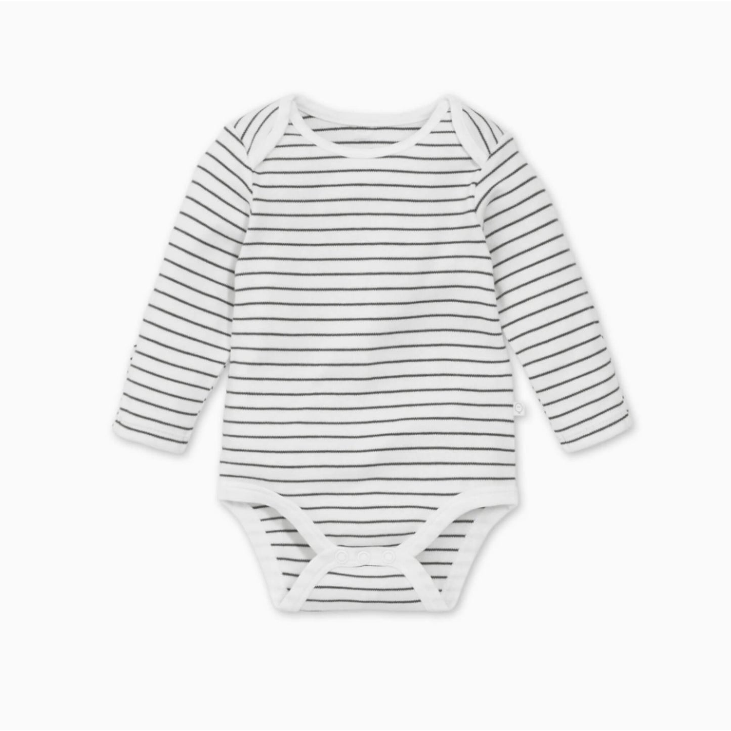 Grey Stripe MORI long-sleeve baby bodysuit shown flat with an envelope neckline and soft bamboo-cotton fabric.