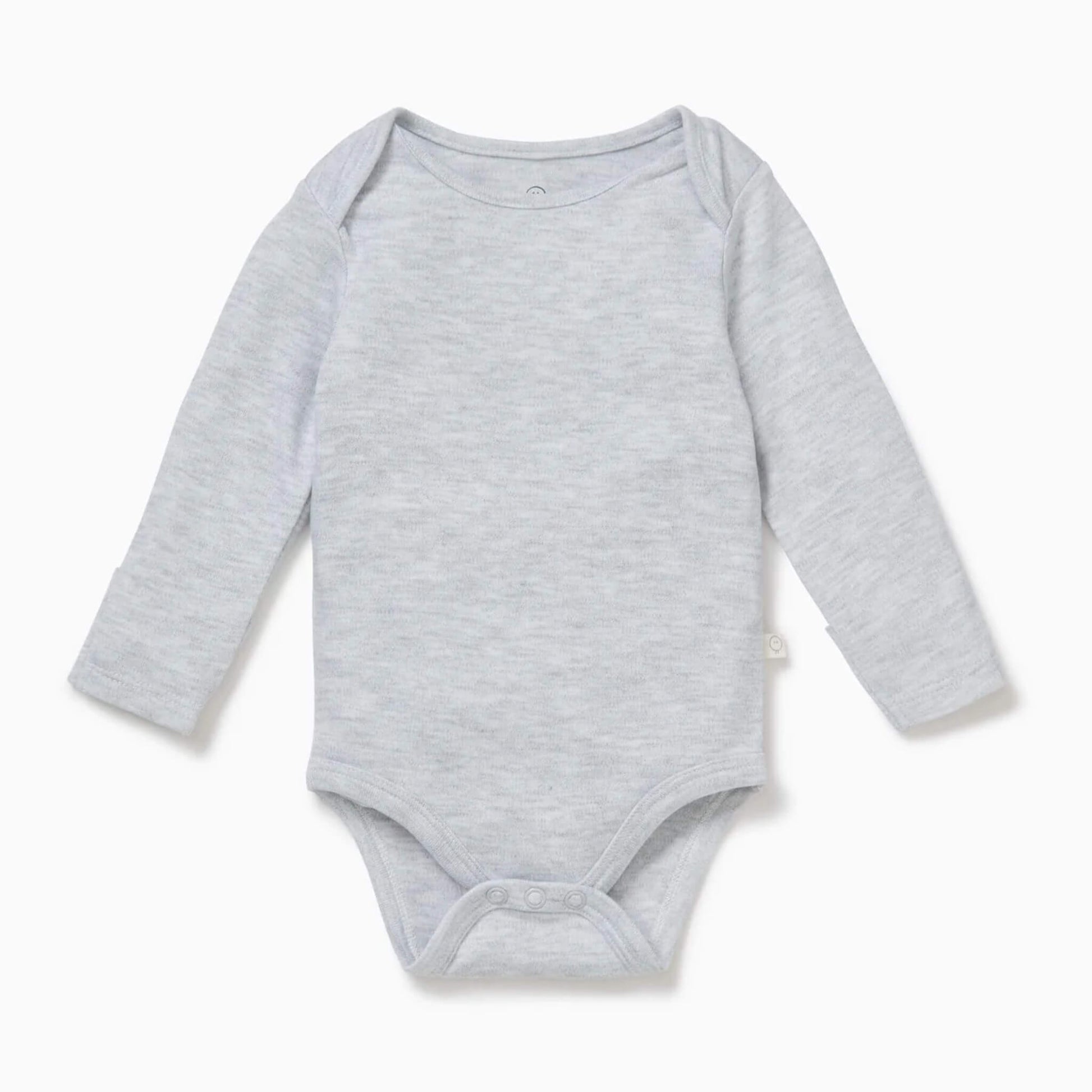 Grey MORI long-sleeve baby bodysuit shown flat with envelope neckline and soft bamboo-cotton fabric.