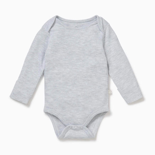 Grey MORI long-sleeve baby bodysuit shown flat with envelope neckline and soft bamboo-cotton fabric.