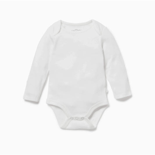 White MORI long-sleeve baby bodysuit shown flat with an envelope neckline and soft bamboo-cotton fabric.