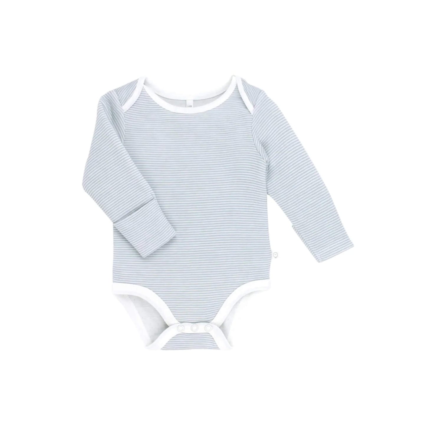 MORI Long Sleeve Bodysuit in Blue Stripe shown flat with long sleeves, envelope neckline and white trim.