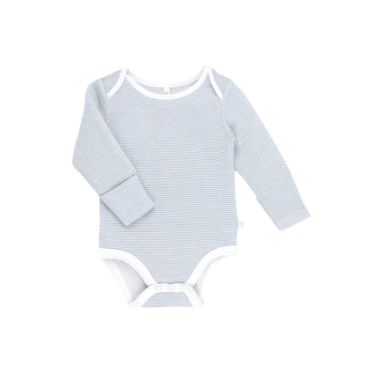 MORI Long Sleeve Bodysuit in Blue Stripe shown flat with long sleeves, envelope neckline and white trim.