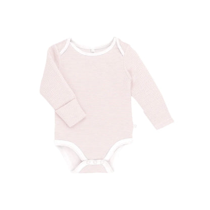 MORI Long Sleeve Bodysuit in Blush Stripe shown laid flat with soft pink and white narrow stripes, envelope neckline and long sleeves displayed clearly.