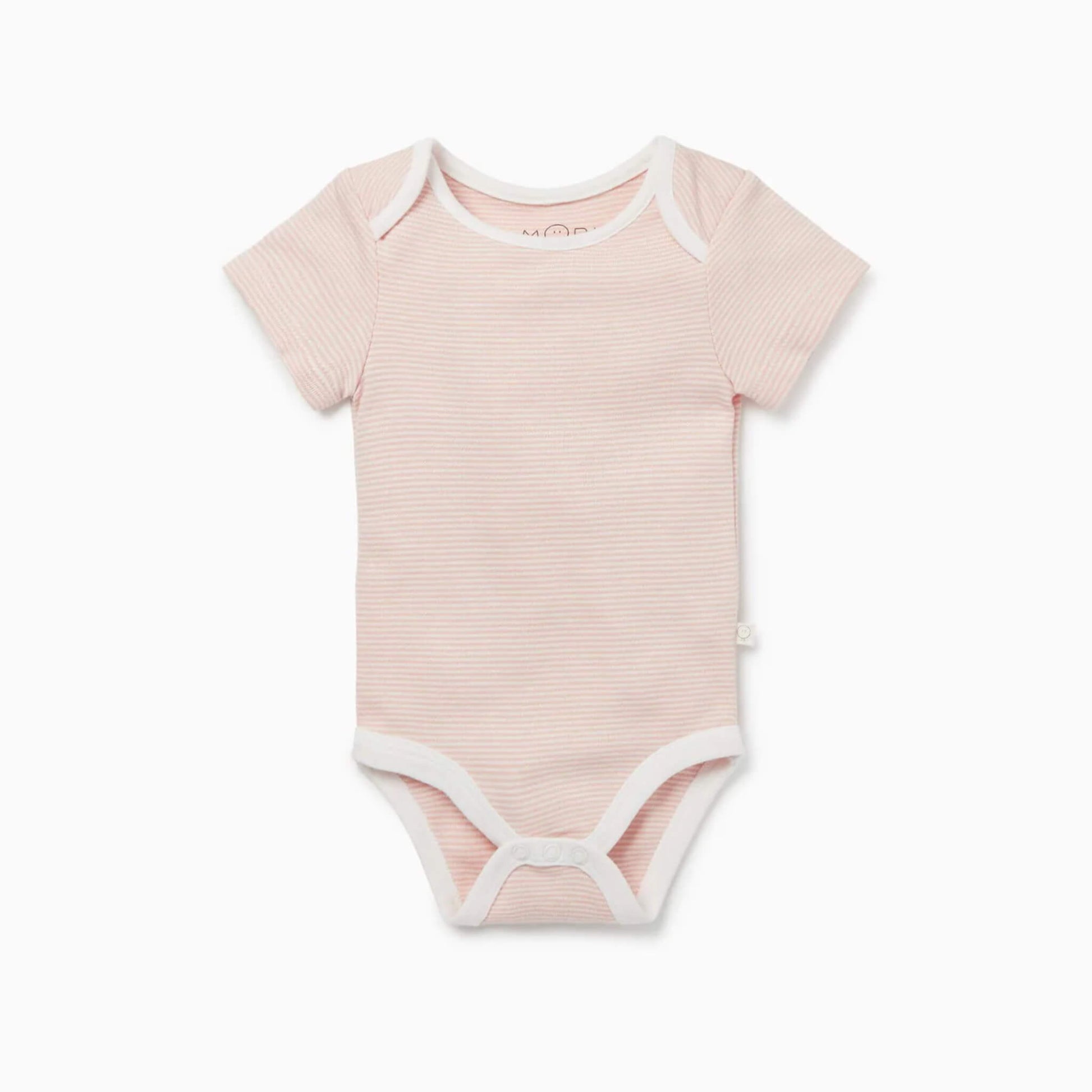 A MORI Short Sleeve Bodysuit in Blush Stripe shown laid flat with short sleeves and soft envelope shoulders.