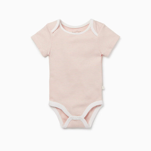 A MORI Short Sleeve Bodysuit in Blush Stripe shown laid flat with short sleeves and soft envelope shoulders.