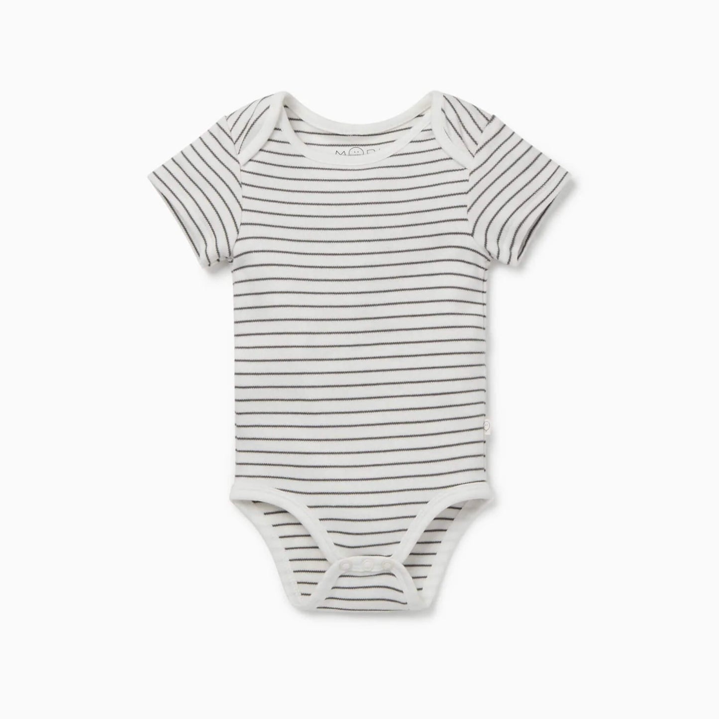 MORI Short Sleeve Bodysuit in grey stripe shown flat with envelope neckline and soft edging details.