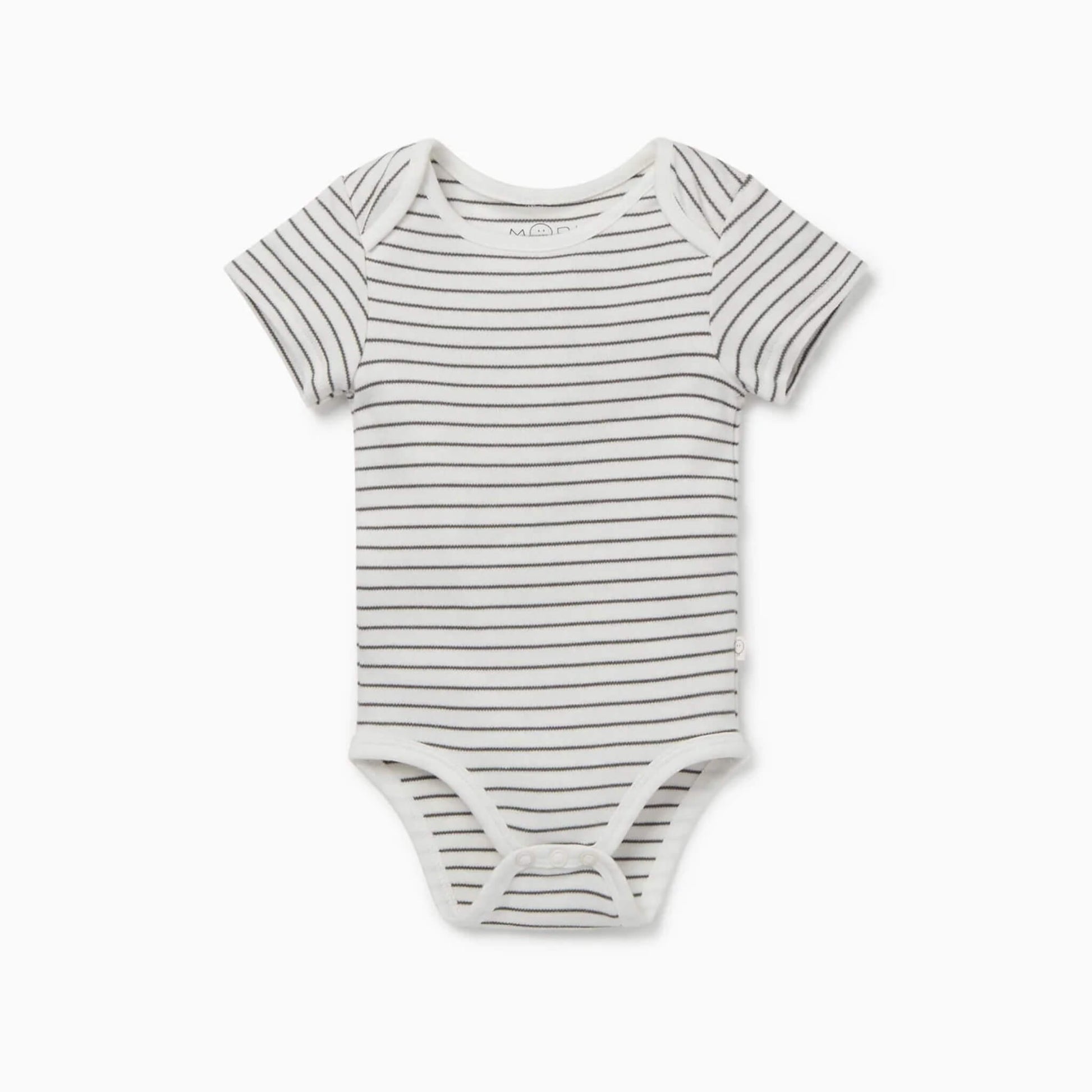 MORI Short Sleeve Bodysuit in grey stripe shown flat with envelope neckline and soft edging details.