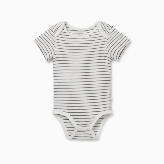 MORI Short Sleeve Bodysuit in grey stripe shown flat with envelope neckline and soft edging details.