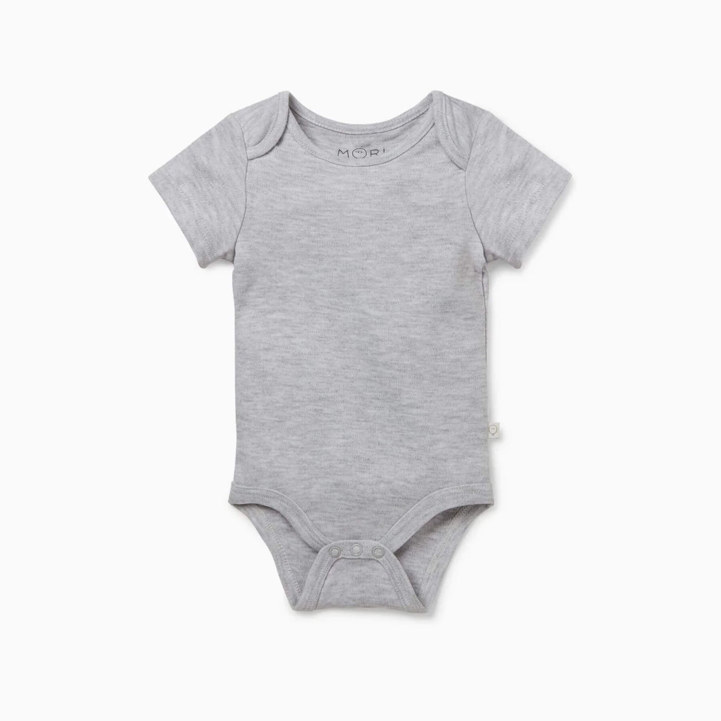 MORI Short Sleeve Bodysuit in grey shown flat with envelope neckline and soft trim detailing.