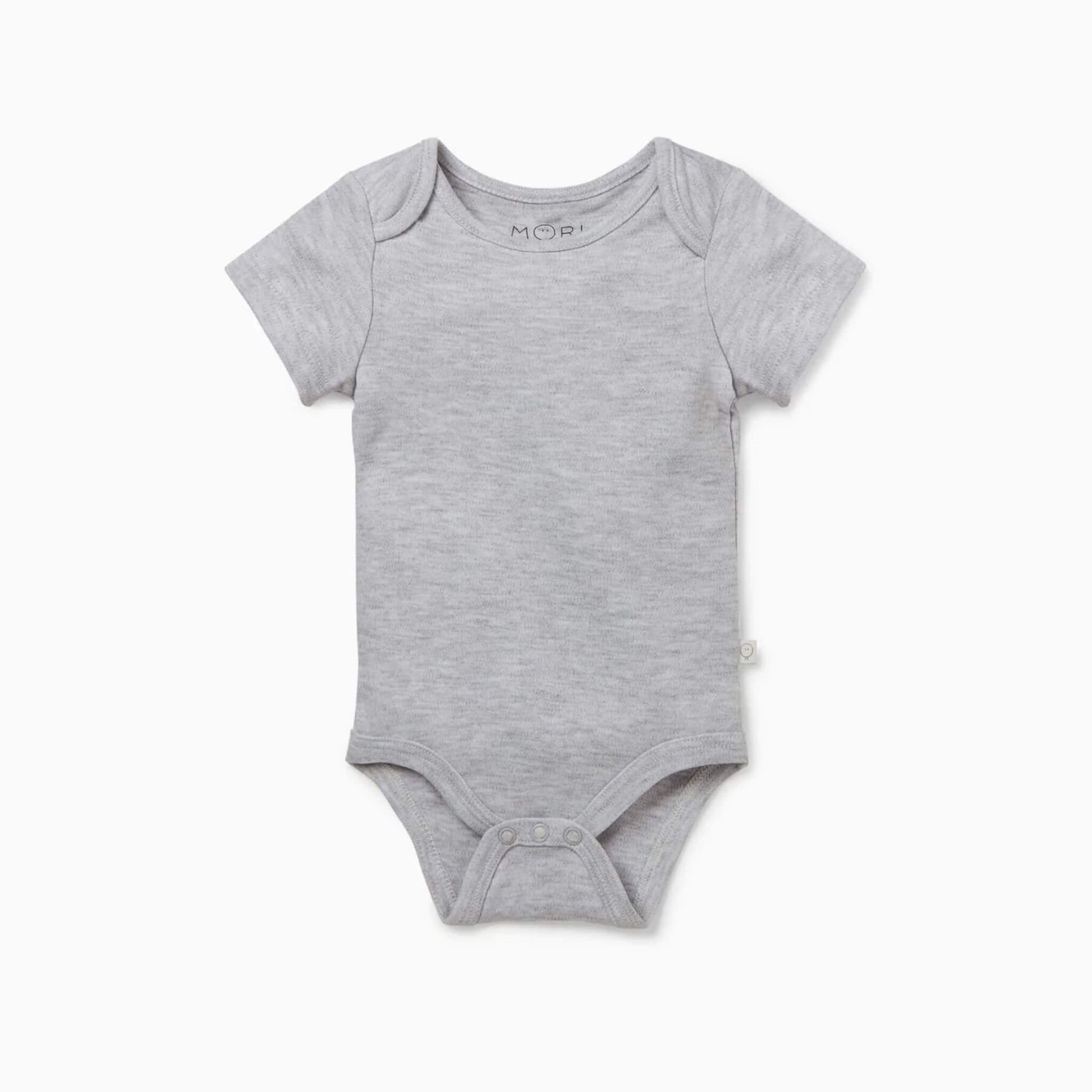 MORI Short Sleeve Bodysuit in grey shown flat with envelope neckline and soft trim detailing.