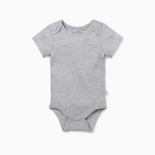 MORI Short Sleeve Bodysuit in grey shown flat with envelope neckline and soft trim detailing.