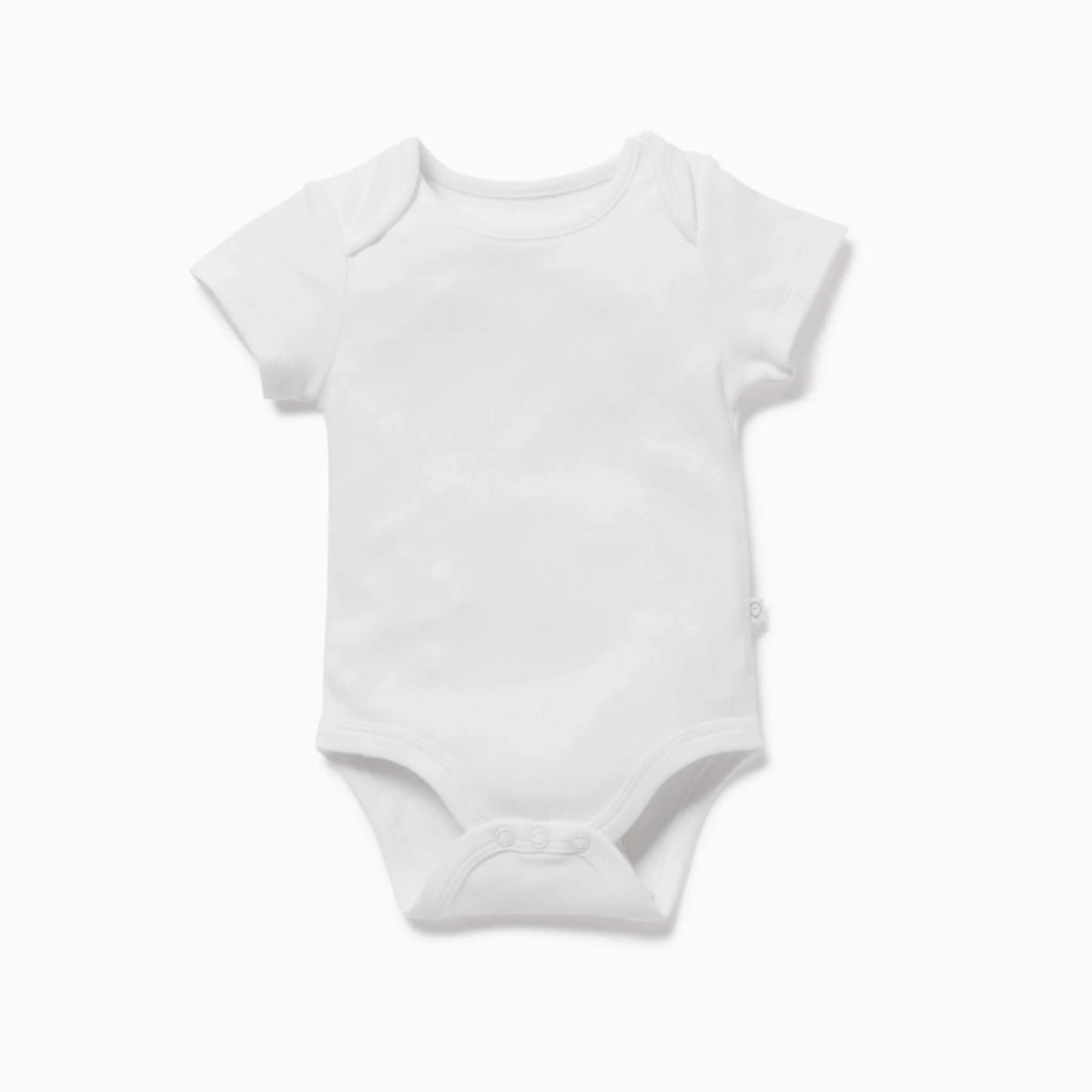 MORI Short Sleeve Bodysuit in white shown laid flat with envelope neckline and short sleeves.