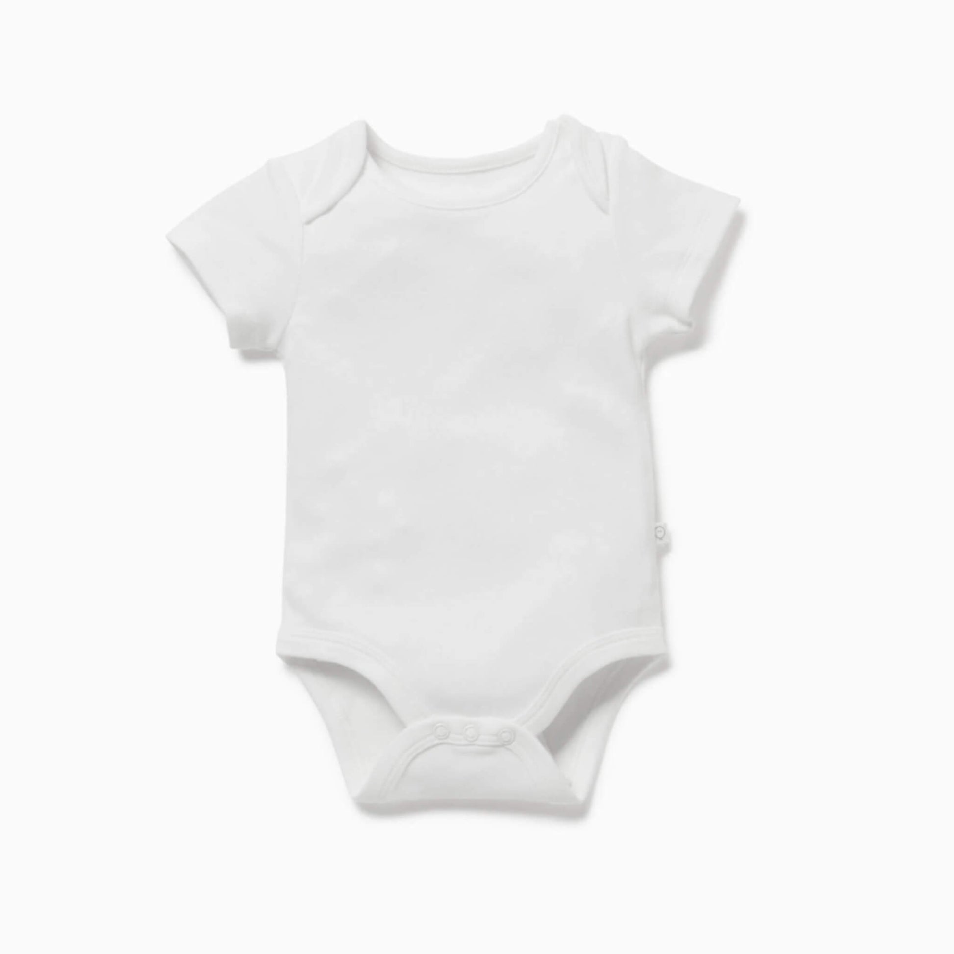 MORI Short Sleeve Bodysuit in white shown laid flat with envelope neckline and short sleeves.