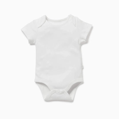 MORI Short Sleeve Bodysuit in white shown laid flat with envelope neckline and short sleeves.