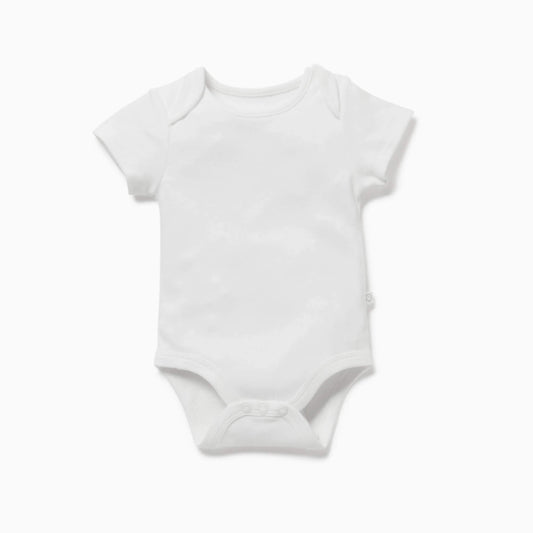 MORI Short Sleeve Bodysuit in white shown laid flat with envelope neckline and short sleeves.