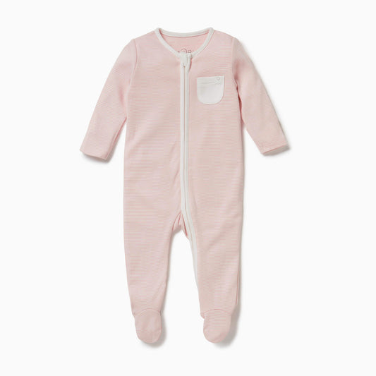 A MORI Clever Zip Sleepsuit in Blush Stripe shown laid flat, featuring a long two-way zip down the front, long sleeves and built-in feet.