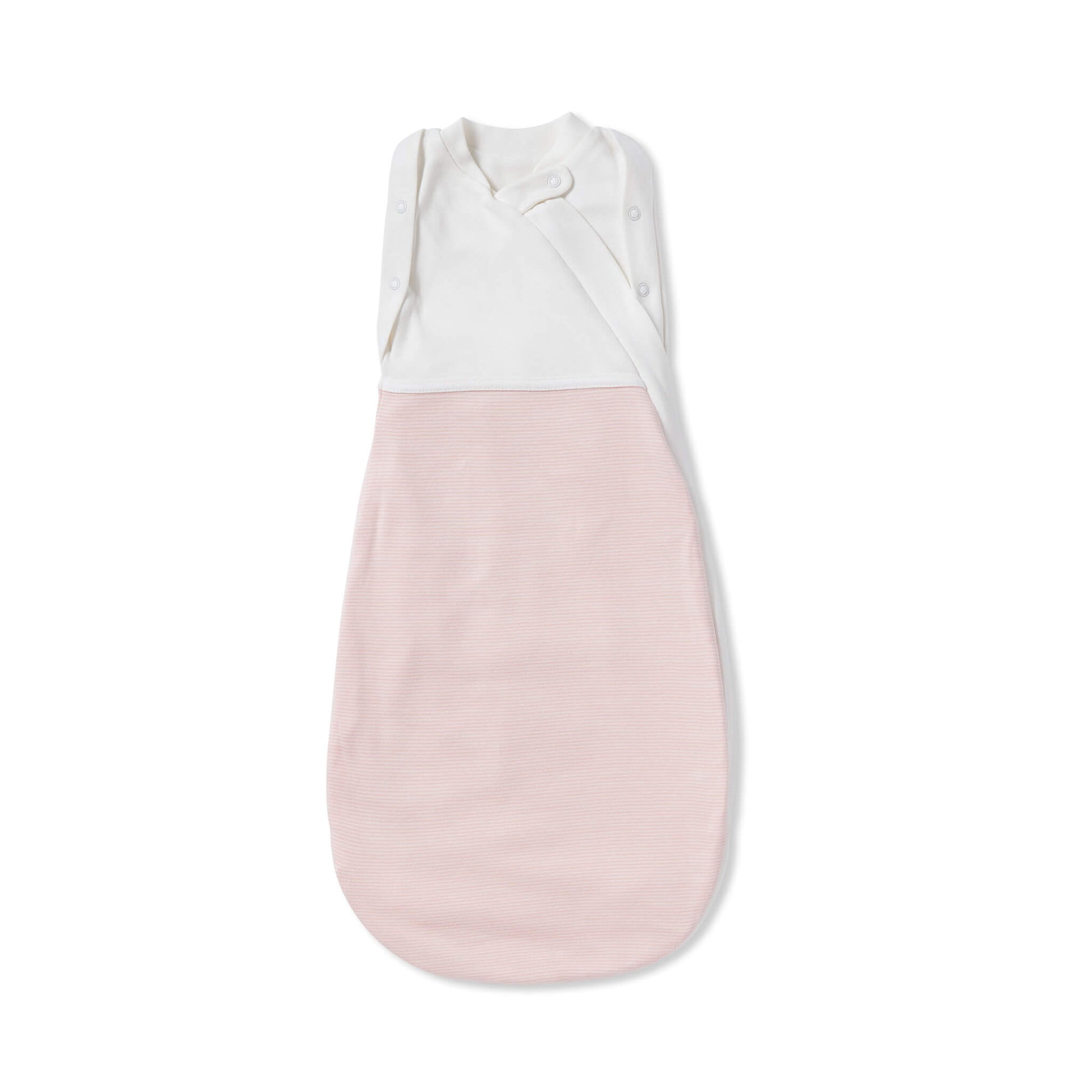 A MORI Newborn Swaddle Bag in Blush Stripe laid flat, showing the soft white upper panel with poppers and the pink striped lower section designed for gentle, secure wrapping.