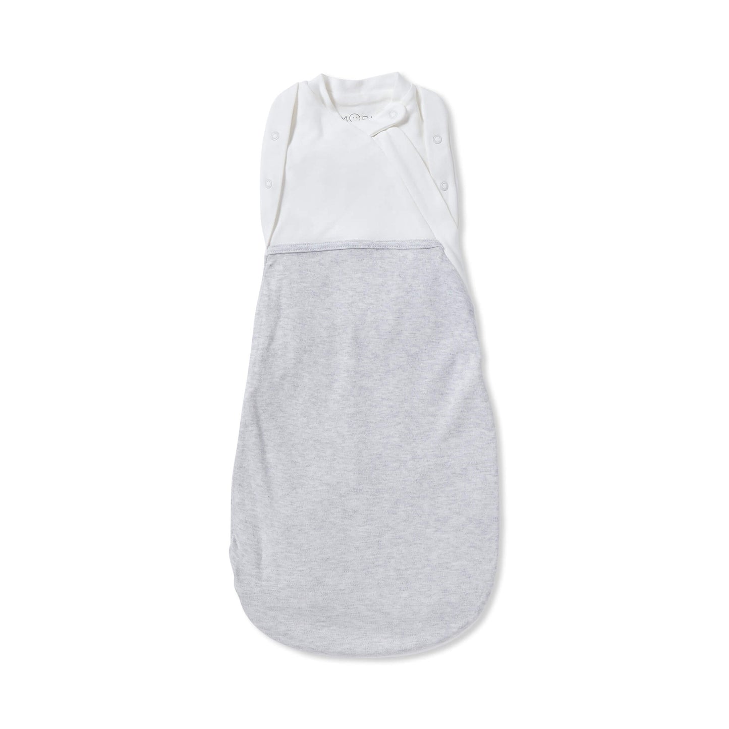 MORI Newborn Swaddle Bag in Grey shown laid flat with a white upper panel and soft grey lower section, highlighting the wrap-style chest and shoulder poppers.