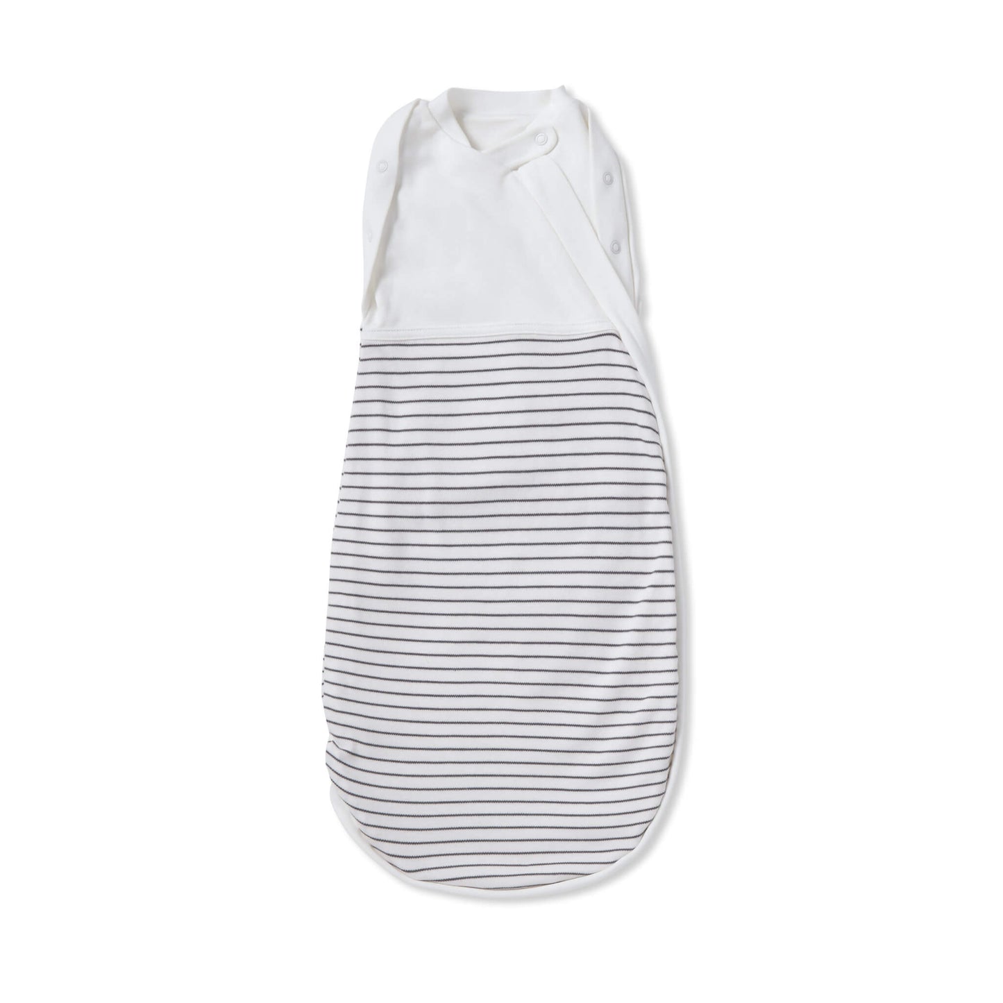 MORI Newborn Swaddle Bag in Grey stripe shown laid flat with a white upper panel and soft grey lower section, highlighting the wrap-style chest and shoulder poppers.