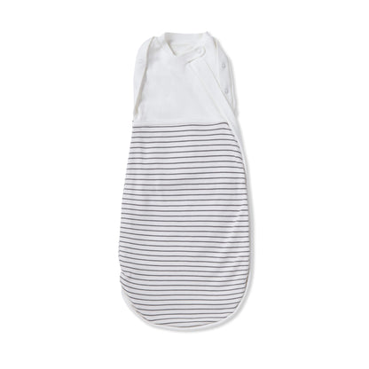 MORI Newborn Swaddle Bag in Grey stripe shown laid flat with a white upper panel and soft grey lower section, highlighting the wrap-style chest and shoulder poppers.