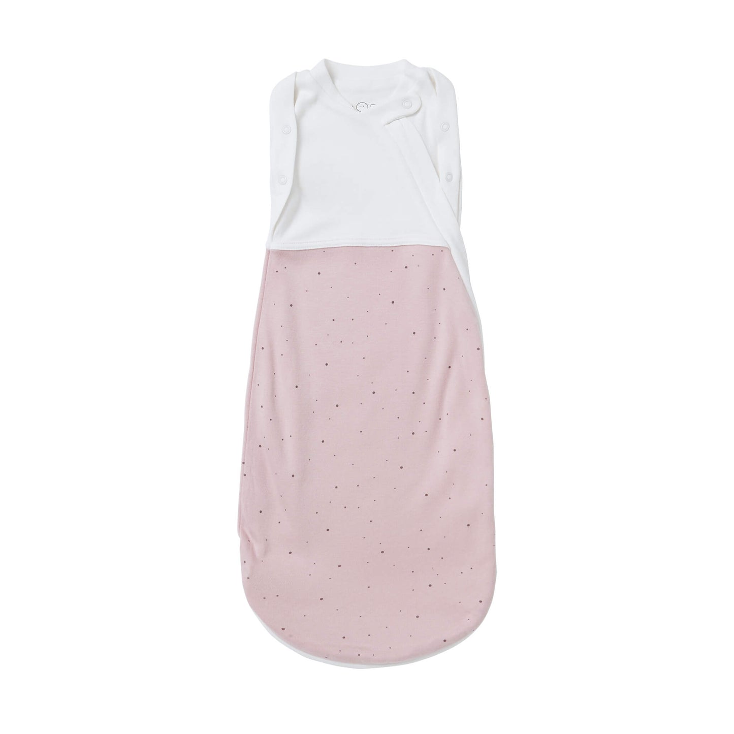 MORI Newborn Swaddle Bag in Stardust design, soft pink bag with tiny scattered dots and white upper panel laid flat on a plain background.