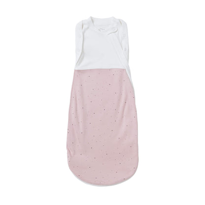 MORI Newborn Swaddle Bag in Stardust design, soft pink bag with tiny scattered dots and white upper panel laid flat on a plain background.
