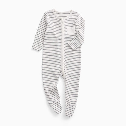 A MORI Clever Zip Sleepsuit in Grey Stripe shown laid flat, with a long two-way zip, long sleeves and built-in feet.