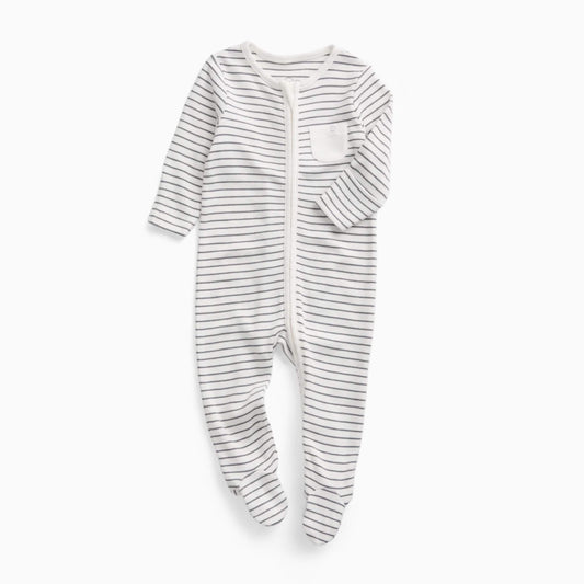 A MORI Clever Zip Sleepsuit in Grey Stripe shown laid flat, with a long two-way zip, long sleeves and built-in feet.