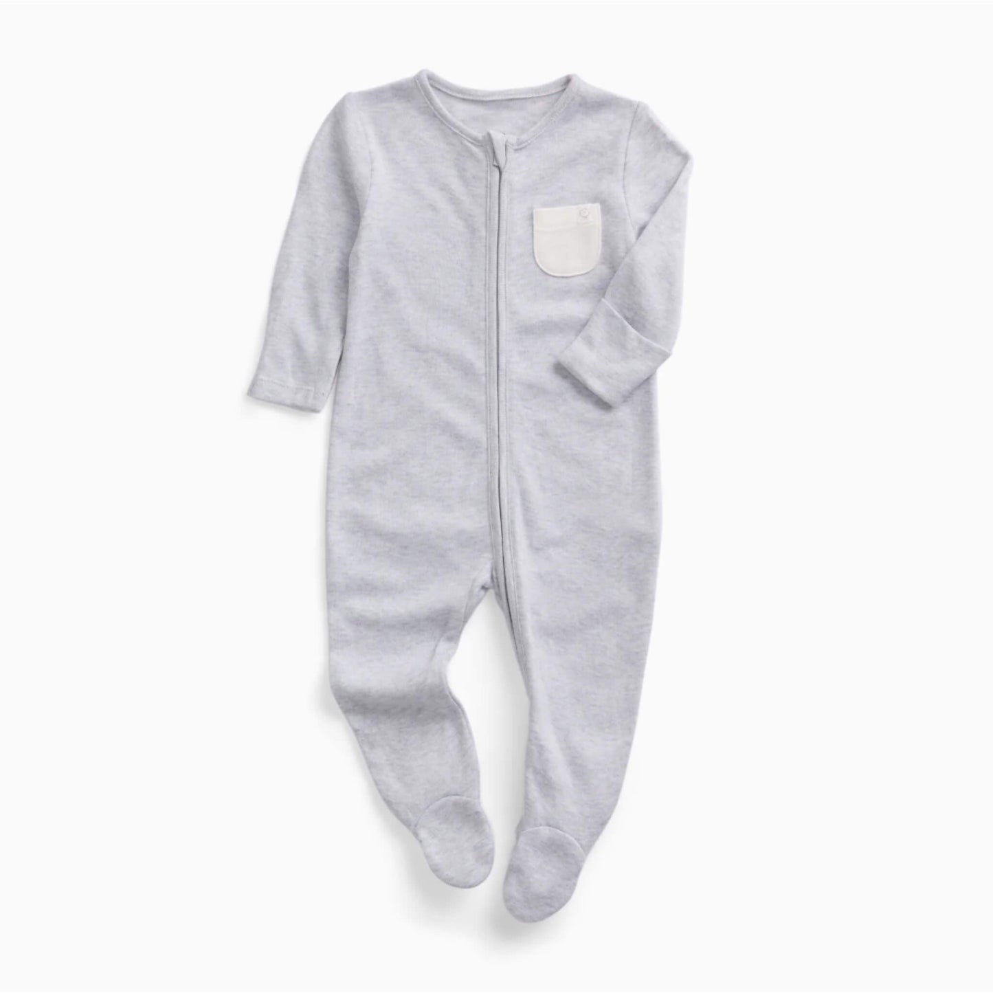 A MORI Clever Zip Sleepsuit in Grey shown laid flat, featuring a long two-way zip, long sleeves and built-in feet.