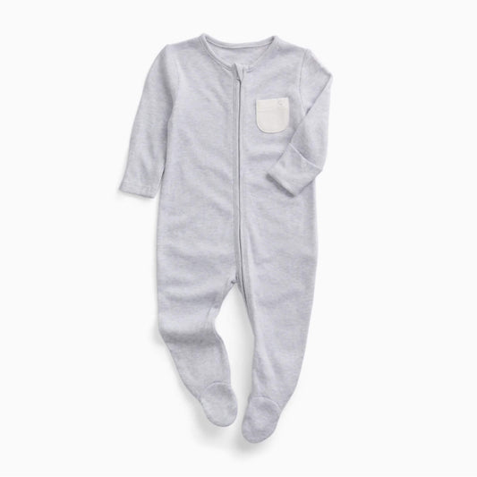 A MORI Clever Zip Sleepsuit in Grey shown laid flat, featuring a long two-way zip, long sleeves and built-in feet.