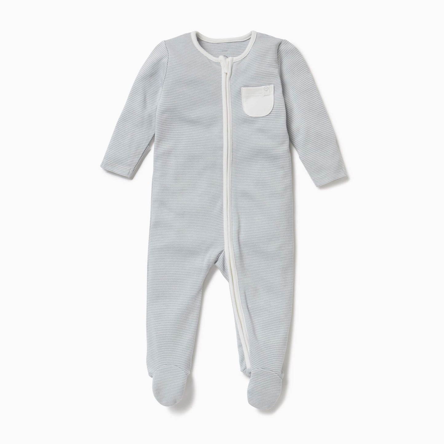 MORI Zip-Up Sleepsuit Blue Stripe shown laid flat with long sleeves, full-length zip and small chest pocket.