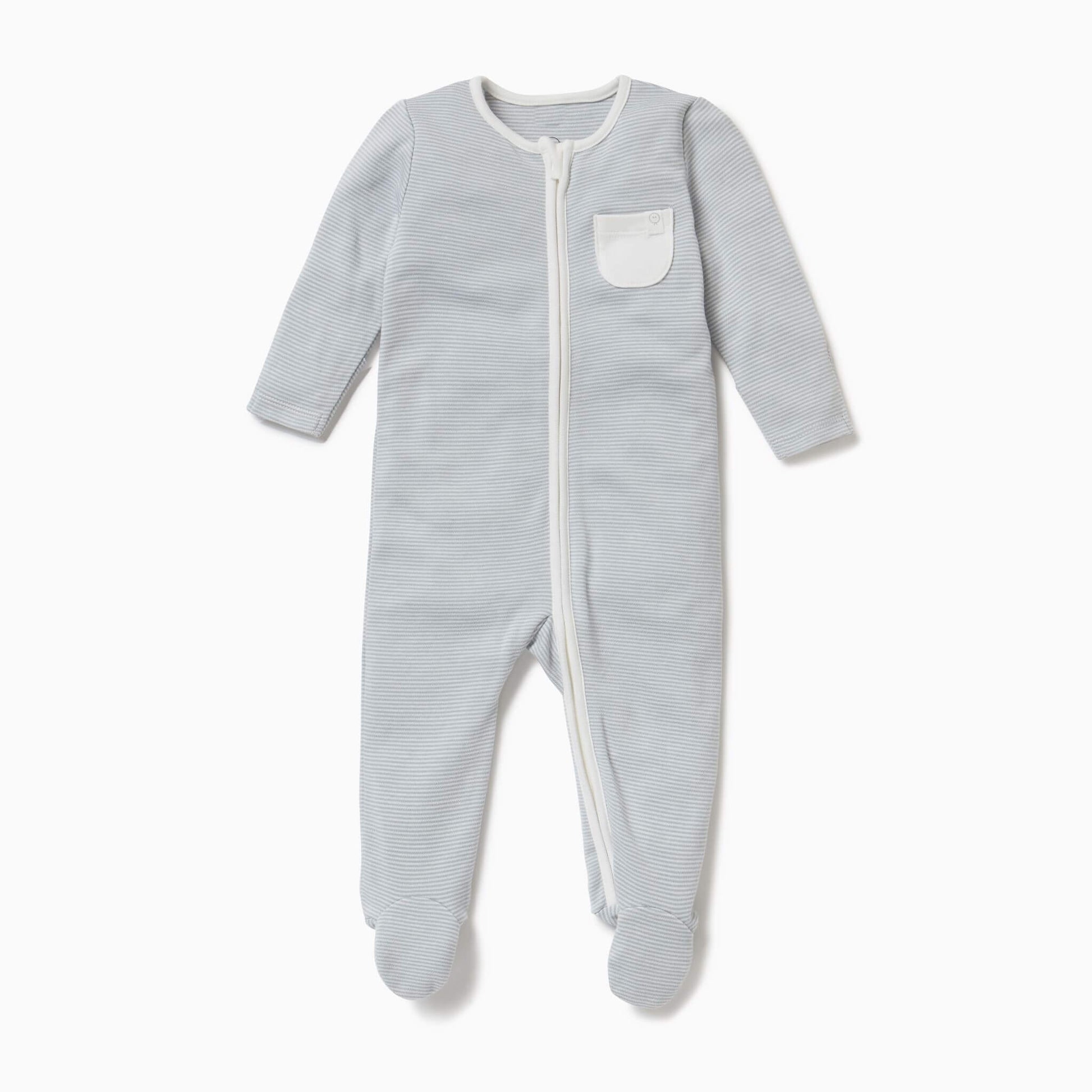MORI Zip-Up Sleepsuit Blue Stripe shown laid flat with long sleeves, full-length zip and small chest pocket.