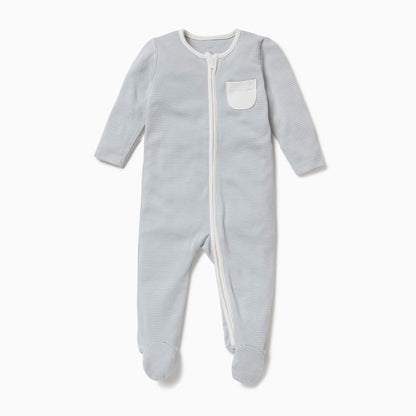 MORI Zip-Up Sleepsuit Blue Stripe shown laid flat with long sleeves, full-length zip and small chest pocket.