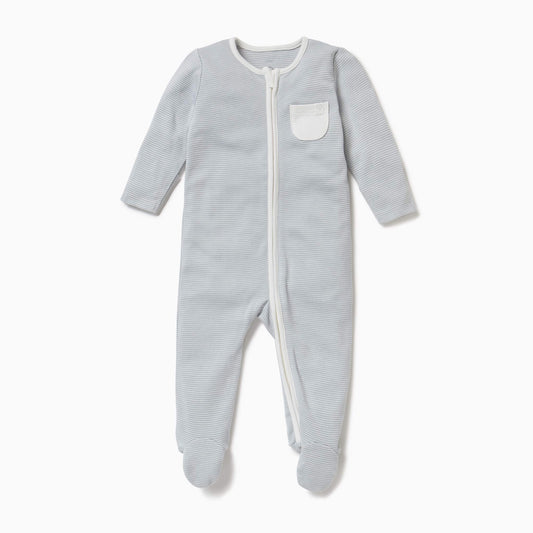 MORI Zip-Up Sleepsuit Blue Stripe shown laid flat with long sleeves, full-length zip and small chest pocket.