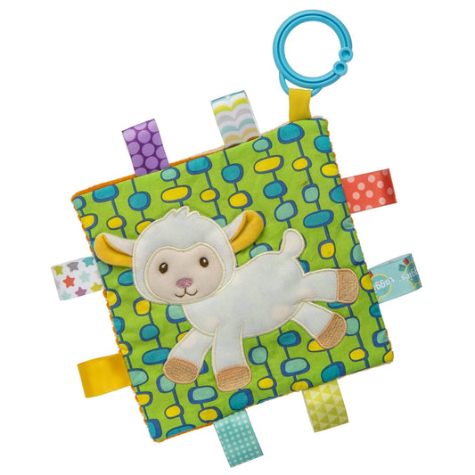 Mary Meyer Taggies Sherbet Lamb Crinkle Me toy. Soft fabric square in green and blue pattern with lamb applique, colourful satin tags, and attached blue clip.