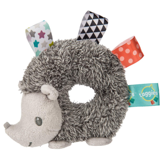Soft grey hedgehog ring rattle from the Mary Meyer Taggies collection with four colourful sensory ribbons.