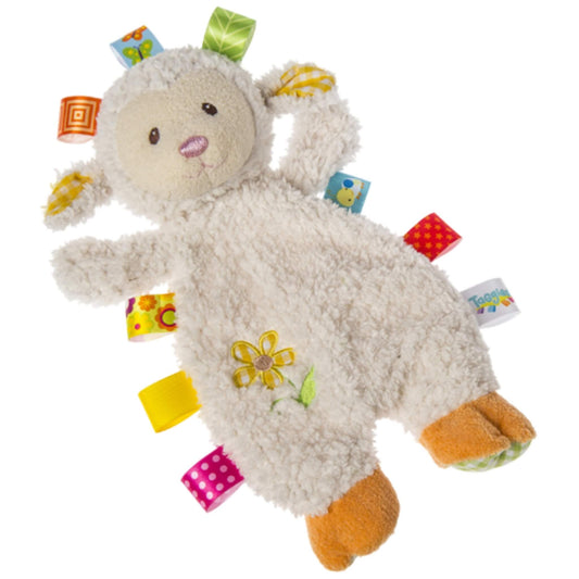 Mary Meyer Taggies Sherbet Lamb Lovey soft toy. Cream plush lamb with orange feet, embroidered flower on tummy, and colourful satin ribbon tags around the edges.