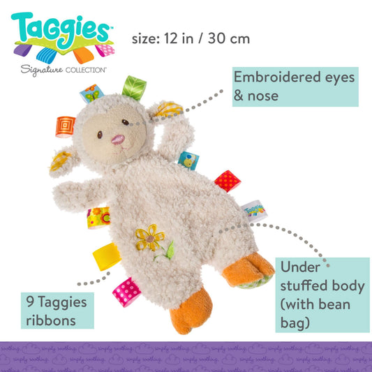 Sherbet Lamb Lovey measuring 30 cm shown with features labelled: embroidered eyes and nose, nine satin ribbon tags, and under-stuffed bean bag style body.
