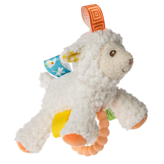 Mary Meyer Taggies Sherbet Lamb teether rattle plush toy. Soft white lamb with orange feet, colourful ribbon tags, and an attached peach beaded teether ring.