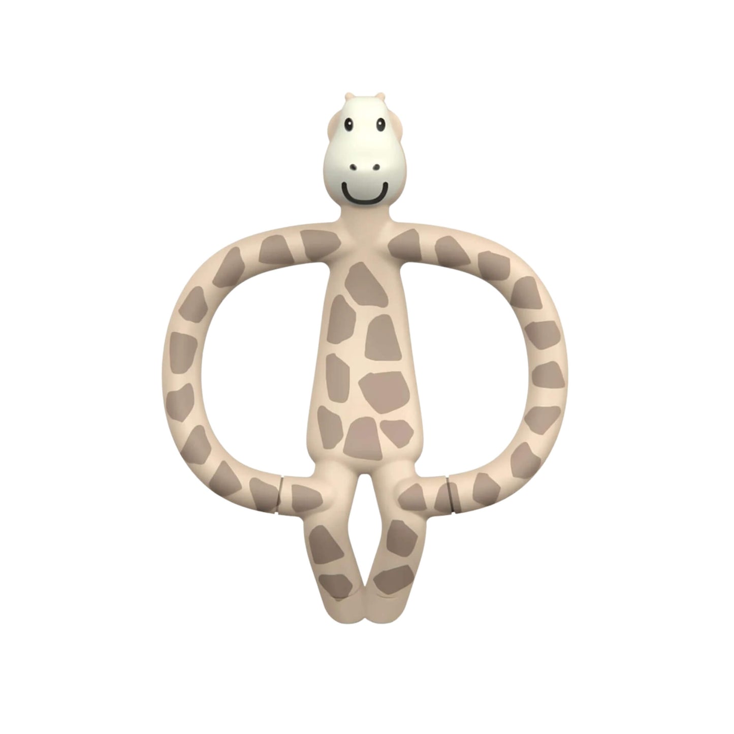 Matchstick Monkey Gigi Giraffe Teether shown upright on a clean white background with its soft beige body, wide looped arms and friendly face clearly visible.