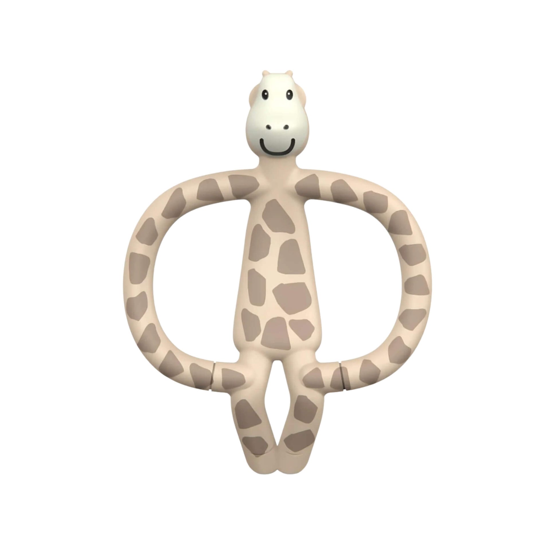 Matchstick Monkey Gigi Giraffe Teether shown upright on a clean white background with its soft beige body, wide looped arms and friendly face clearly visible.